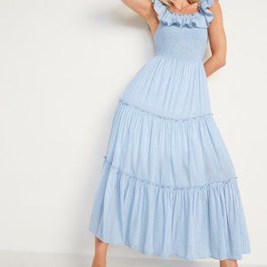 Blue and White Striped Smocked Bodice Flutter Sleeve Maxi Dress